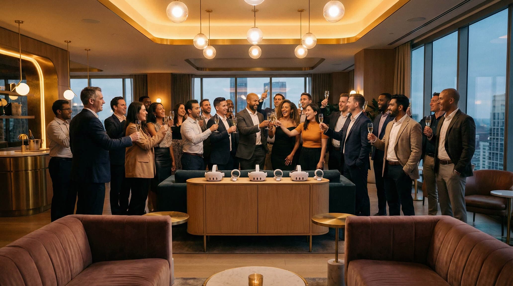 Corporate team celebrating with VR