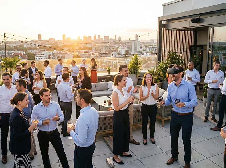Colleagues laughing and drinking at a corporate social