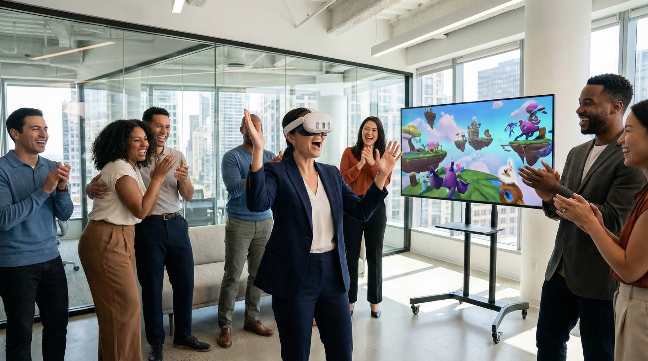 Team laughing while using VR headsets