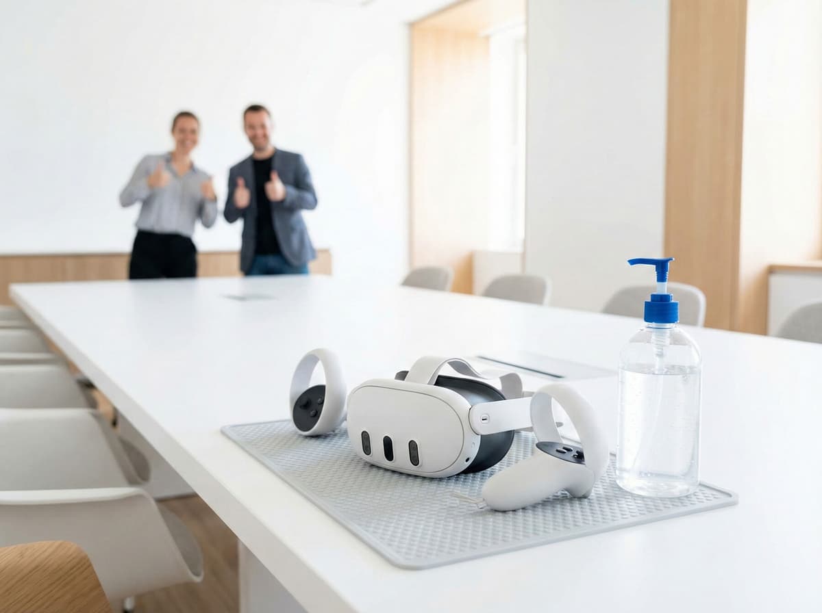 Older employee enjoying VR with colleagues cheering