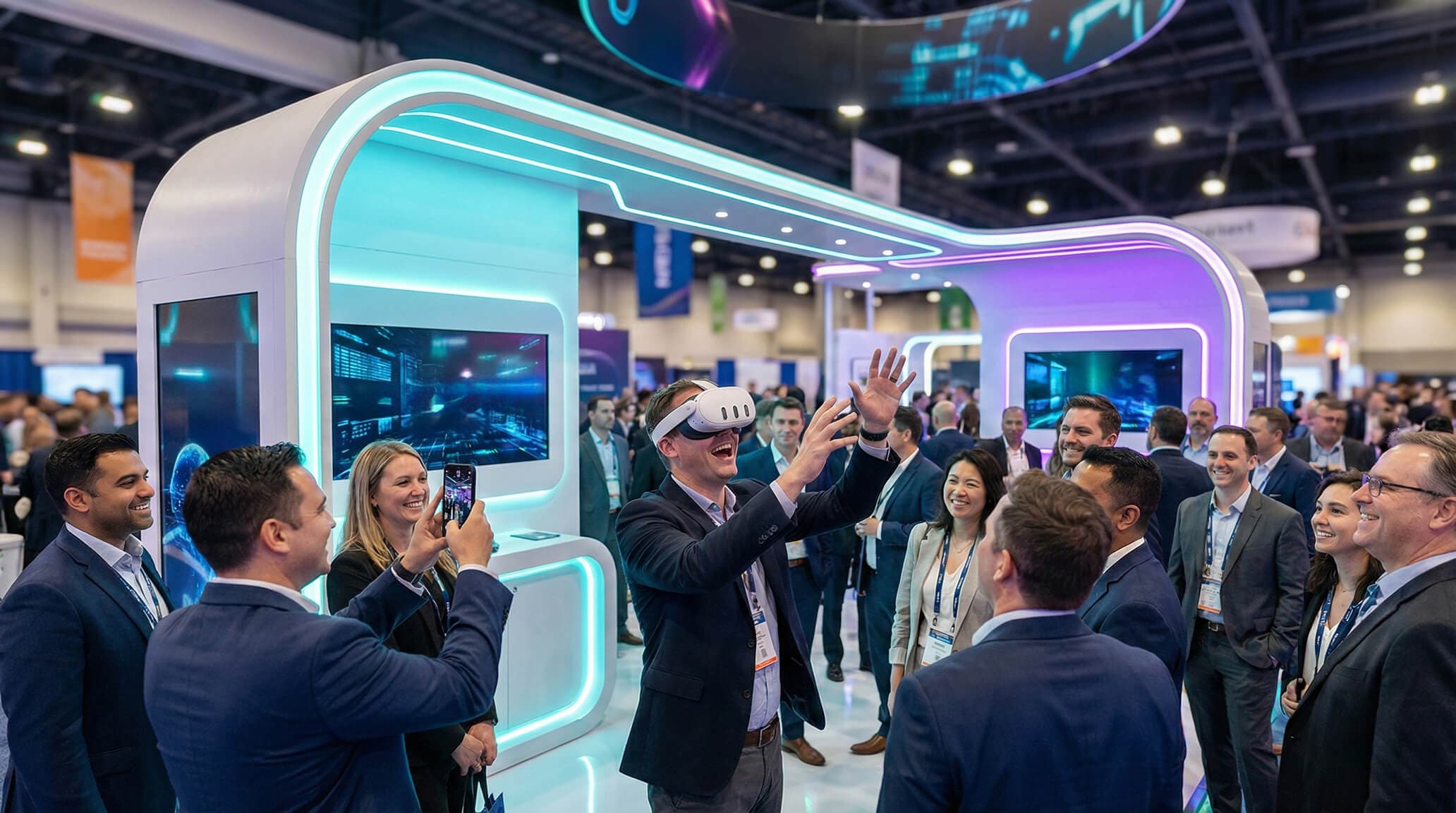 Crowd gathering at a VR trade show booth
