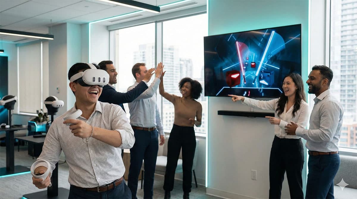 Group enjoying multiplayer VR experience at corporate event